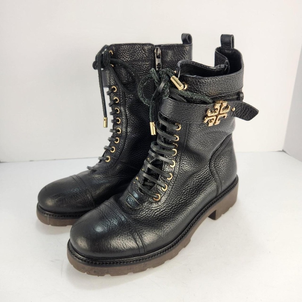 Tory Burch Women's 9M Black Leather Combat Boots Gold Logo Lace Up Lug Sole
